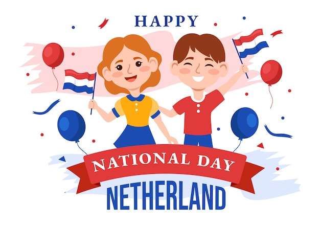 Vector happy netherland national day vector illustration with kids netherlands flag and sky blue background in flat cartoon design