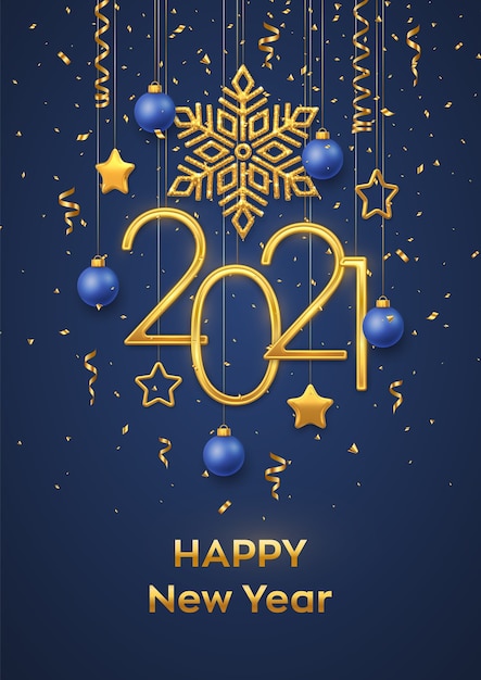 Happy New 2021 Year. Hanging Golden metallic numbers 2021 with shining snowflake