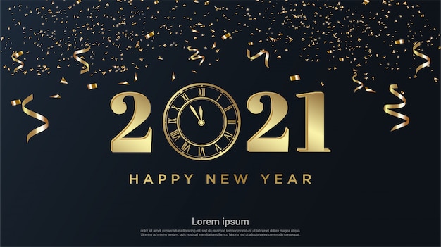 Happy new 2021 year with watch and ribbon background