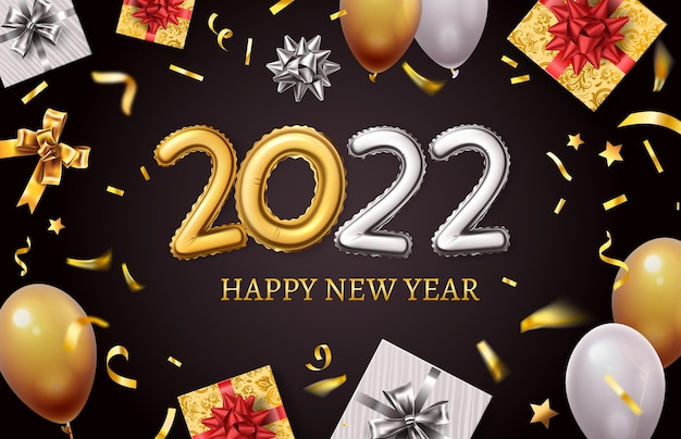 Happy new 2022 year. Banner with realistic golden balloon numbers, gift boxes, gold bows and confetti. Holiday greetings card vector design. Golden christmas banner and new year 2022 illustration