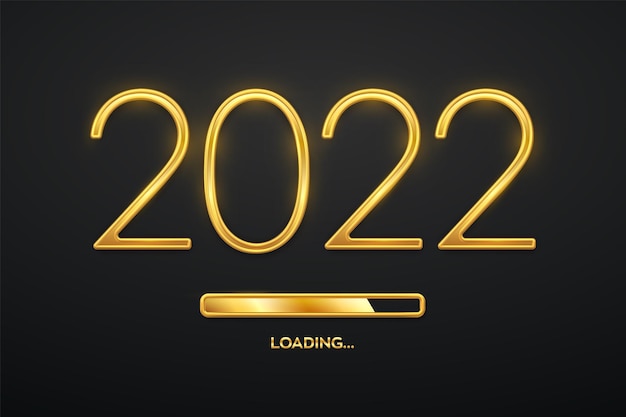 Happy New 2022 Year. Golden metallic luxury numbers 2022 with golden loading bar. Party countdown. Realistic sign for greeting card. Festive poster or holiday banner design. Vector illustration.