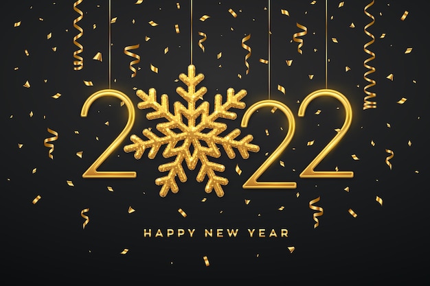 Happy New 2022 Year. Hanging Golden metallic numbers 2022 with shining snowflake and confetti on black background. New Year greeting card or banner template. Holiday decoration. Vector illustration.