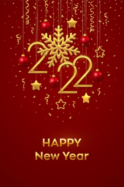 Happy New 2022 Year. Hanging Golden metallic numbers 2022 with shining snowflake and confetti on black background. New Year greeting card or banner template. Holiday decoration. Vector illustration