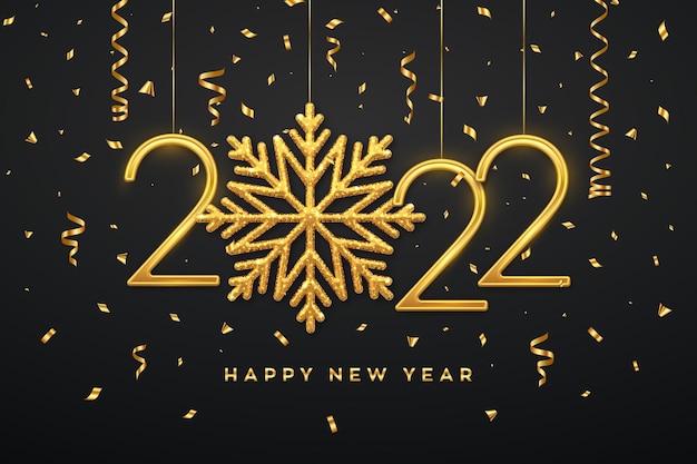 Happy New 2022 Year. Hanging Golden metallic numbers 2022 with shining snowflake and confetti on black background. New Year greeting card or banner template. Holiday decoration. Vector illustration.