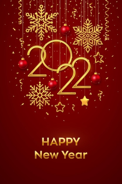 Happy New 2022 Year. Hanging Golden metallic numbers 2022 with shining snowflakes, 3D metallic stars, balls and confetti on red background. New Year greeting card or banner template. Vector.