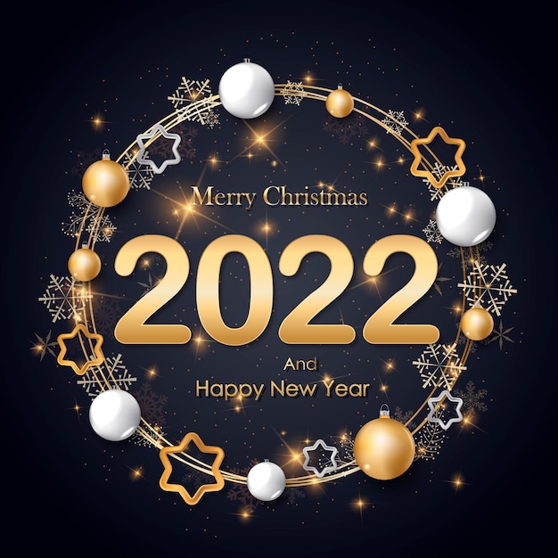 Happy New 2022 Year Holiday greetings of golden metallic numbers 2022 and sparkling