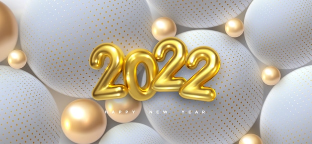 Happy New 2022 Year sign with golden and white balls