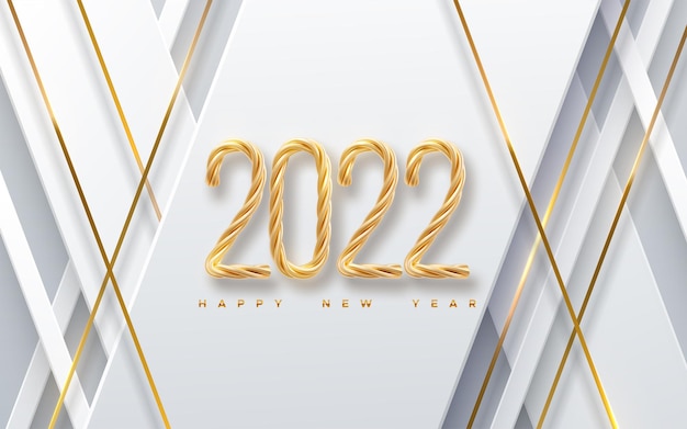 Happy New 2022 Year. Vector holiday illustration of golden numbers 2022 on white slanted geometric shapes background. 3d new year sign. Festive poster or banner design. Party invitation