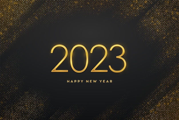 Happy New 2023 Year Golden metallic luxury numbers 2023 on shimmering background Realistic sign for greeting card Bursting backdrop with glitters Festive poster or banner Vector illustration