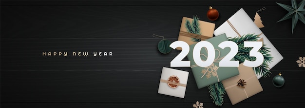 Happy New 2023 Year greeting banner Xmas Flat lay composition