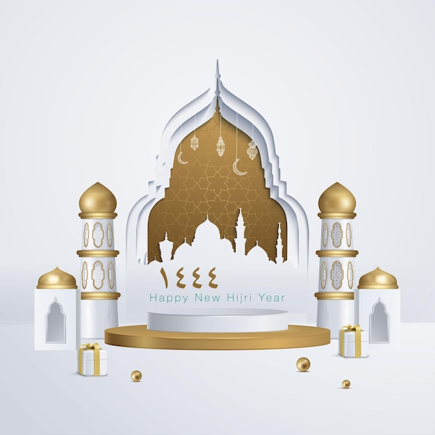 Happy new hijri year islamic template with camel traveller podium, and mosque illustration vector