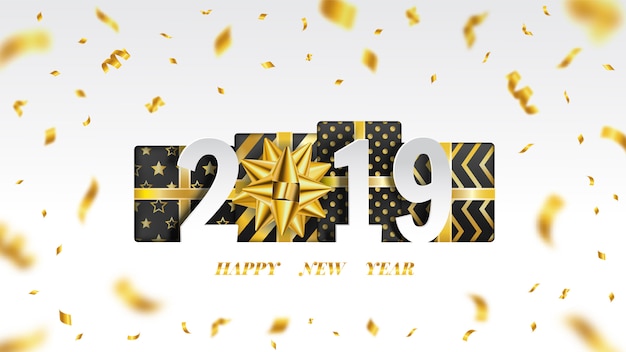 Happy New Year 2019 background with Gold ribbon flying.