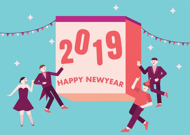 happy new year 2019 on calendar with people party around