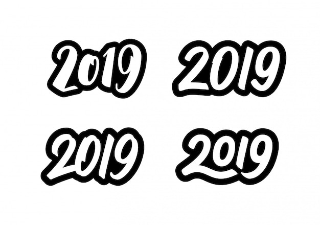 Happy New Year 2019 stickers set with calligraphy numbers