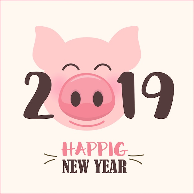 Happy New Year 2019 with cute cartoon pigs face