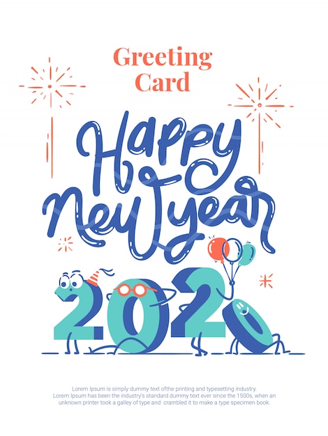 Happy New Year 2020 Cartoon Lettering Greeting Card Postcard