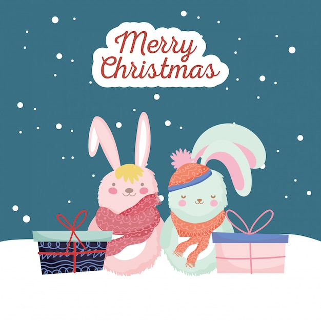 Happy new year 2020 celebration cute rabbits with scarf gifts snow