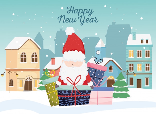 Happy new year 2020 celebration cute santa gifts town snow