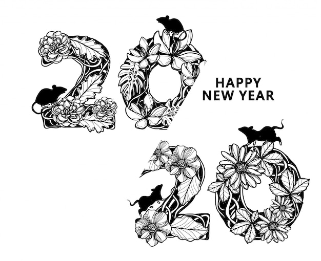 Happy New Year 2020 flower drawing and sketch black and white isolated