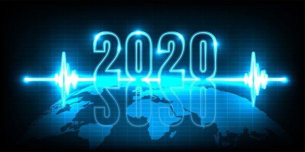 Happy New Year 2020. technology abstract with glowing neon light on earth 