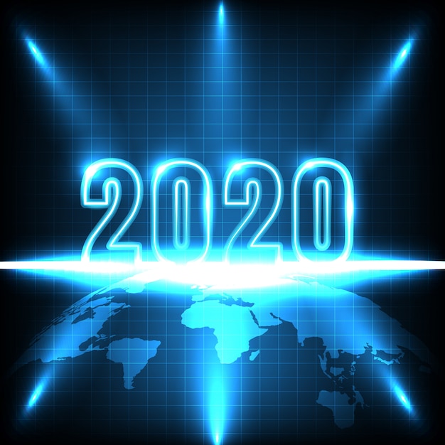 Happy New Year 2020. technology abstract with glowing neon light on earth 