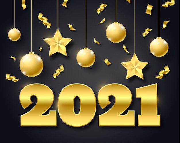 Happy new year 2021 background with golden hanging ornaments