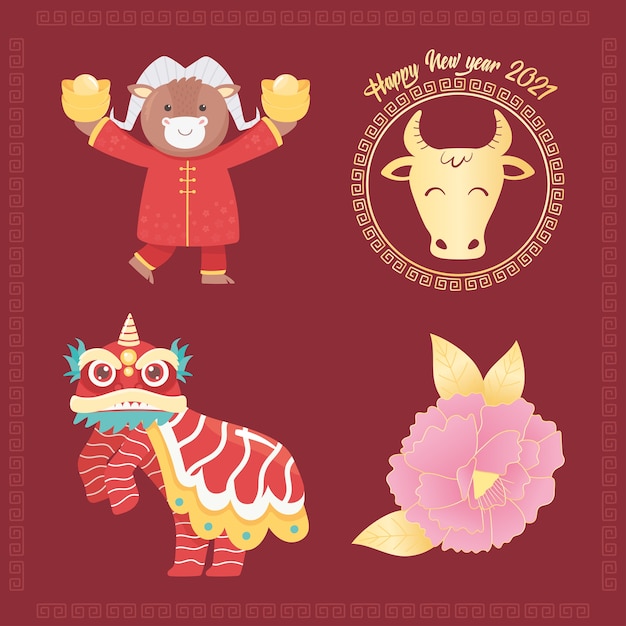 Happy new year 2021 chinese, ox, dragon, flower icons