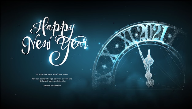 Happy New Year 2021 futurictic banner. Clock strikes the chime