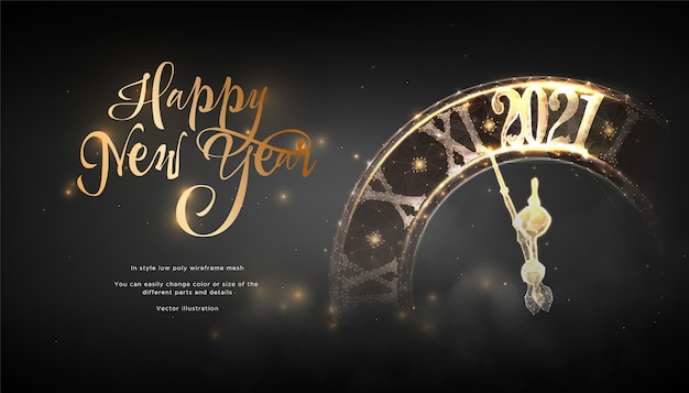 Happy New Year 2021 futurictic banner. Clock strikes the chime