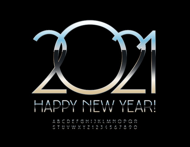 Happy New Year 2021. Glossy Metal Font. Elegant Alphabet Letters and Numbers