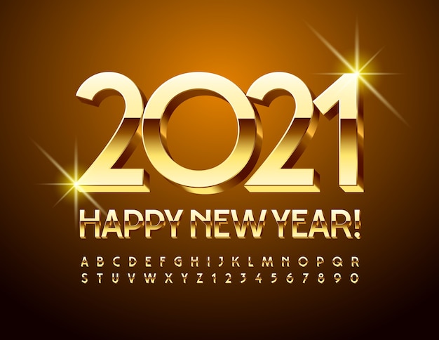 Happy New Year 2021. Golden 3D Font. Glossy Uppercase Alphabet Letters and Numbers