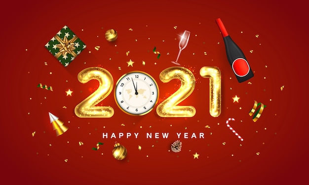 Happy New Year 2021 greeting card. Holiday design of golden metallic numbers 2021 on red background. Holiday design decorate with gift box, gold balls, cone, golden tree wine bottle and star