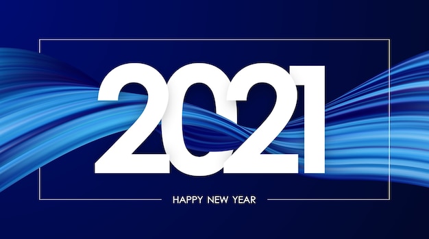   Happy New Year 2021. Greeting card with colorful twisted paint stroke shape. Trendy design