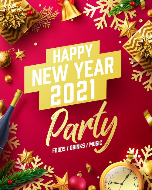 Happy New Year 2021 party Poster with golden gift box and christmas decoration elements