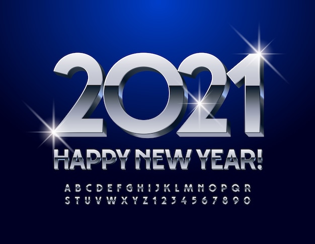 Happy New Year 2021. Reflective modern Font. Silver Elegant 3D Alphabet Letters and Numbers set.