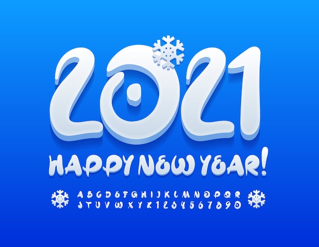 Happy New Year 2021. White snow Font. handwritten Alphabet Letters and Numbers set