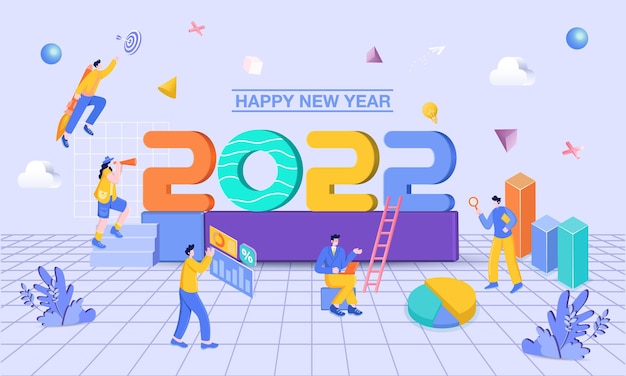 Happy new year 2022. 2022 business goals concept illustration. Businessman hold magnifying glass, checking charts and diagrams, flying on rocket and seeking new opportunities for new year