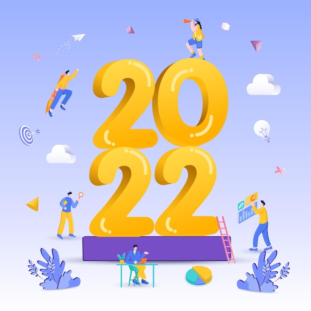 Happy new year 2022. 2022 business goals concept illustration. Businessman hold magnifying glass, checking charts and diagrams, flying on rocket and seeking new opportunities for new year