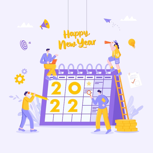 Happy new year 2022. 2022 business goals concept illustration. Businessman hold magnifying glass, checking charts and diagrams, flying on rocket and seeking new opportunities for new year