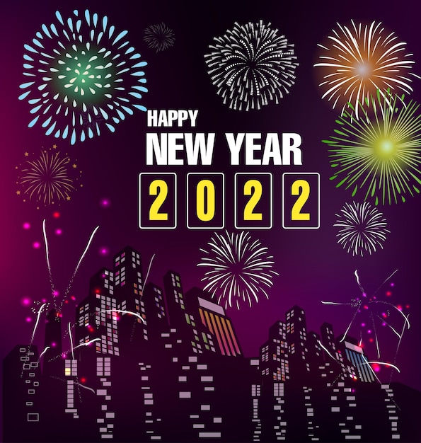 Happy new year 2022 background. Golden shiny numbers with confetti and ribbons on black background. Holiday greeting card design.