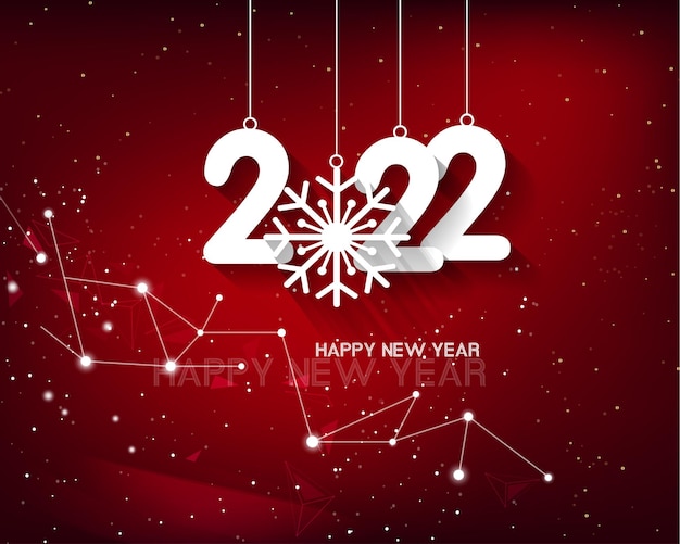 Happy new year 2022 background. Golden shiny numbers with confetti and ribbons on black background. Holiday greeting card design.