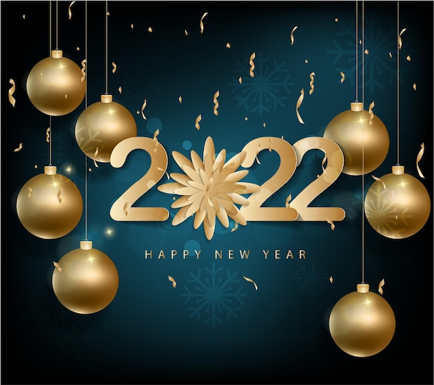 Happy new year 2022 background. Golden shiny numbers with confetti and ribbons on black background. Holiday greeting card design.