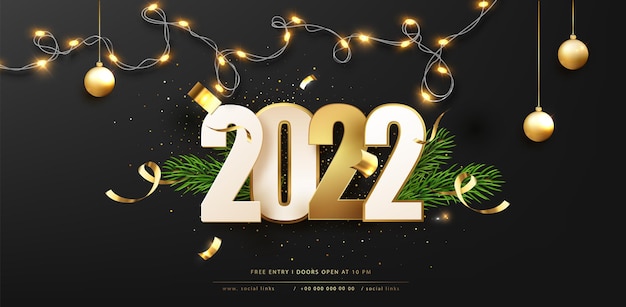 Happy New Year 2022 background with Christmas light and decoration. Dark vector holiday greeting illustration.