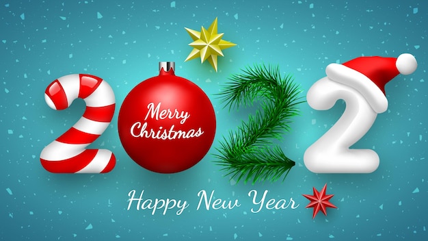 Happy New Year 2022 background with Christmas tree branch candy ball and Santa Claus hat