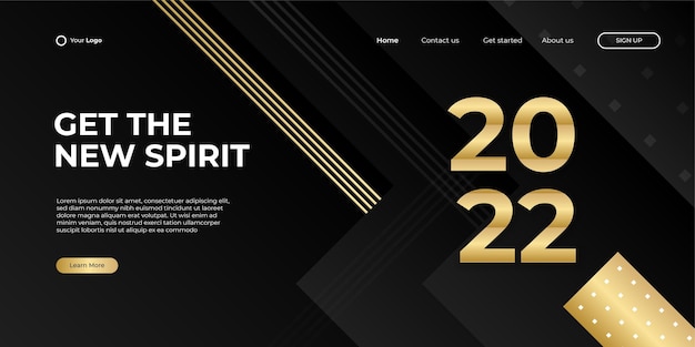 Happy new year 2022 banner or landing page with black and gold abstract background. Vector abstract graphic design banner pattern background template.