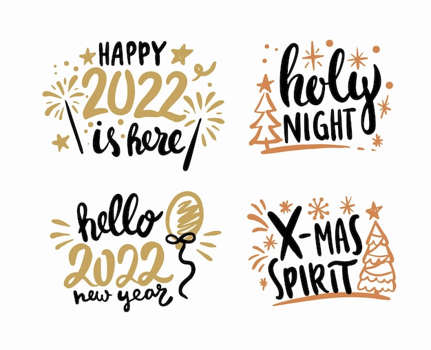 Happy New Year 2022 calligraphic lettering text design cards set.