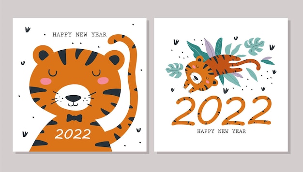 Happy New Year 2022 card set with cute tiger Vector illustrations