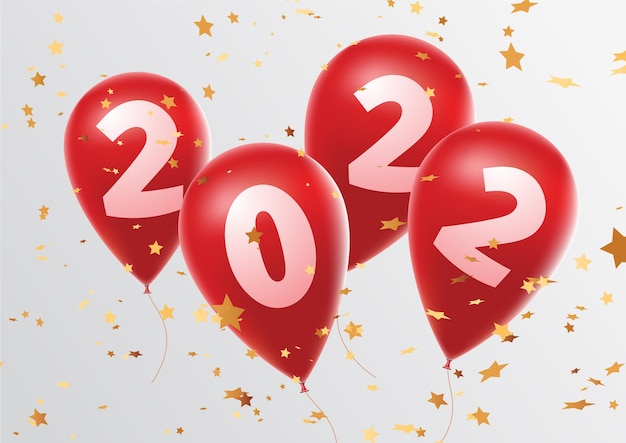 Happy New year 2022 celebration Bright red balloons figure New Year Balloons with glitter stars