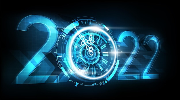 Happy New Year 2022 celebration with abstract futuristic clock perspective view countdown concept