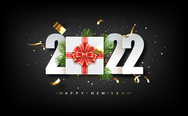 Happy New Year 2022 design with gift box. Holyday decorative elements on dark background. Vector illustration